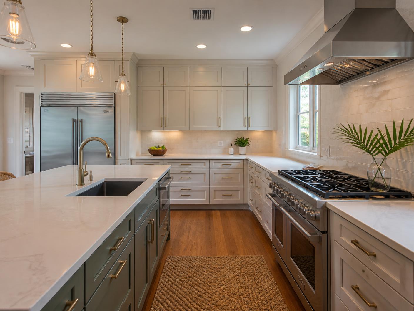 Designer reviewing finish samples in a newly remodeled Boca Raton kitchen with custom cabinetry