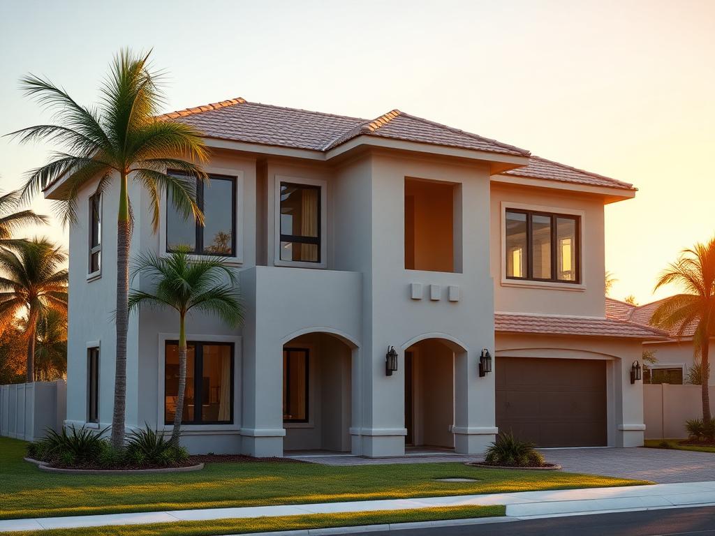 Luxury custom home under construction in Boca Raton at golden hour