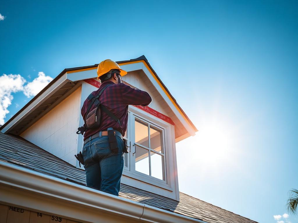 Worker installing hurricane-rated roof and window components on a Florida home