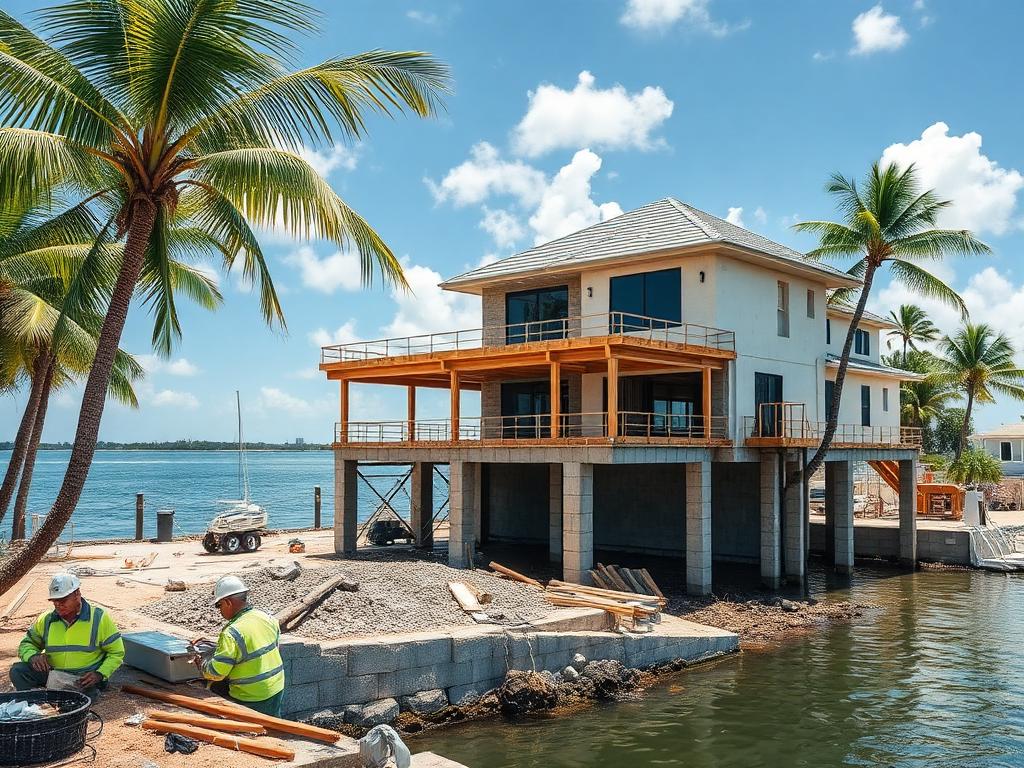 Elevated coastal home construction beside a South Florida waterway