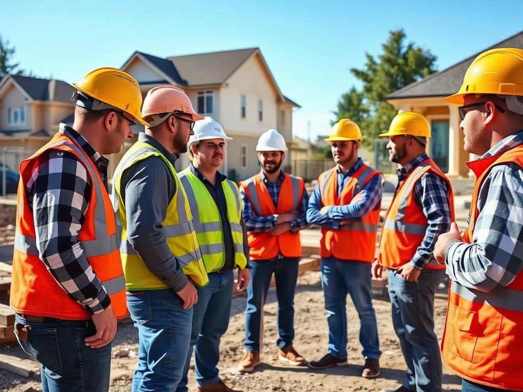 Subcontractor crew in safety gear during a jobsite coordination briefing